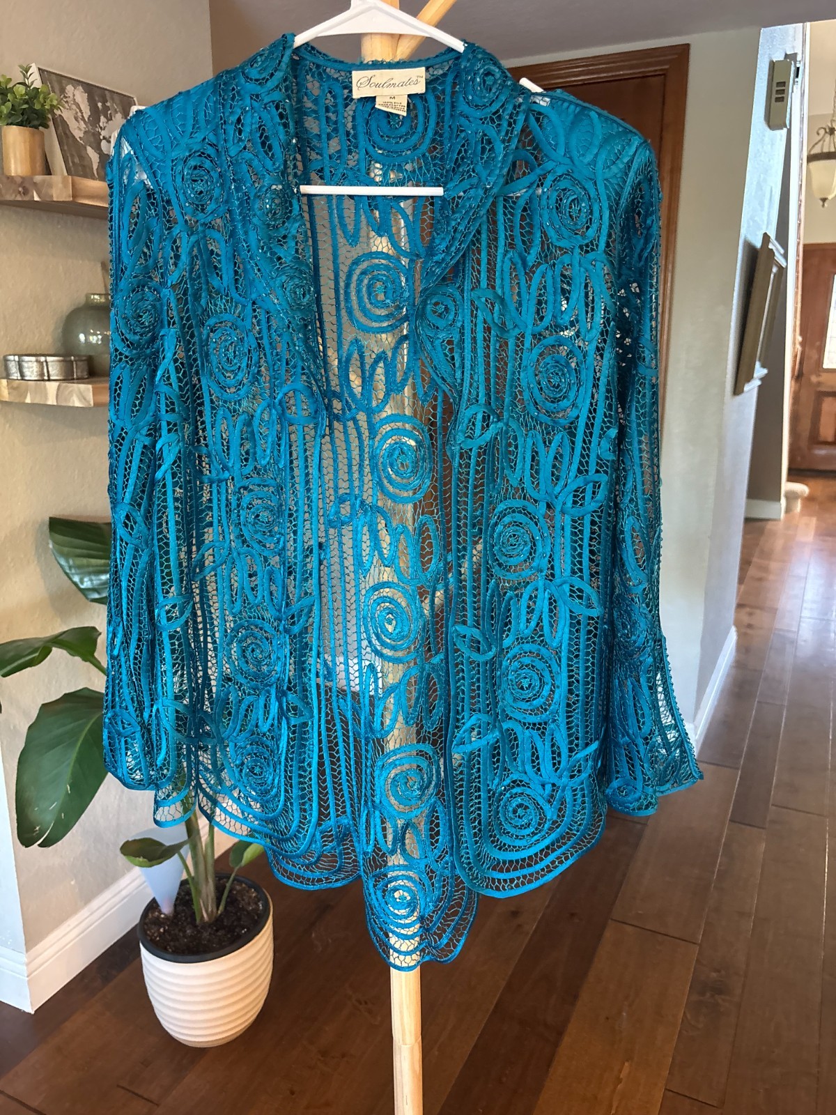 Soulmates 100% Silk Soutache Lace Open Jacket M Teal Handmade Art Deco Vintage