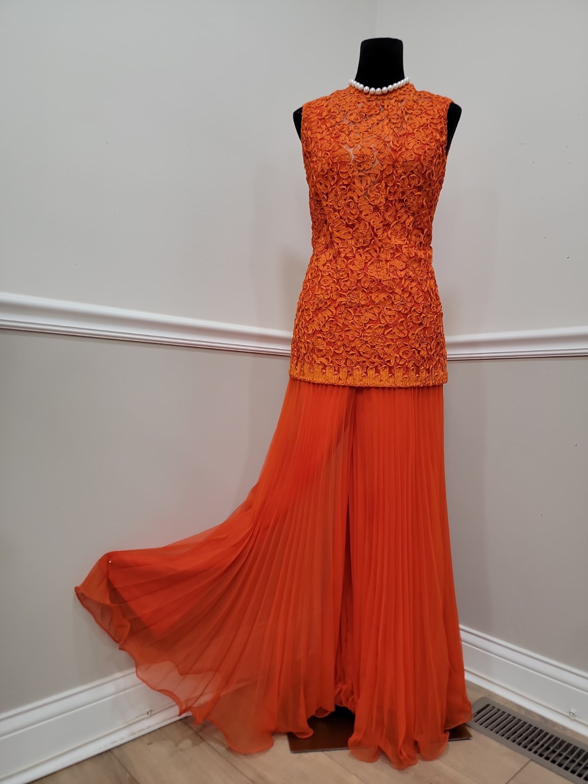 Vintage Jack Bryan Orange Palazzo Jumpsuit Pleated Chiffon Lace Formal Evening