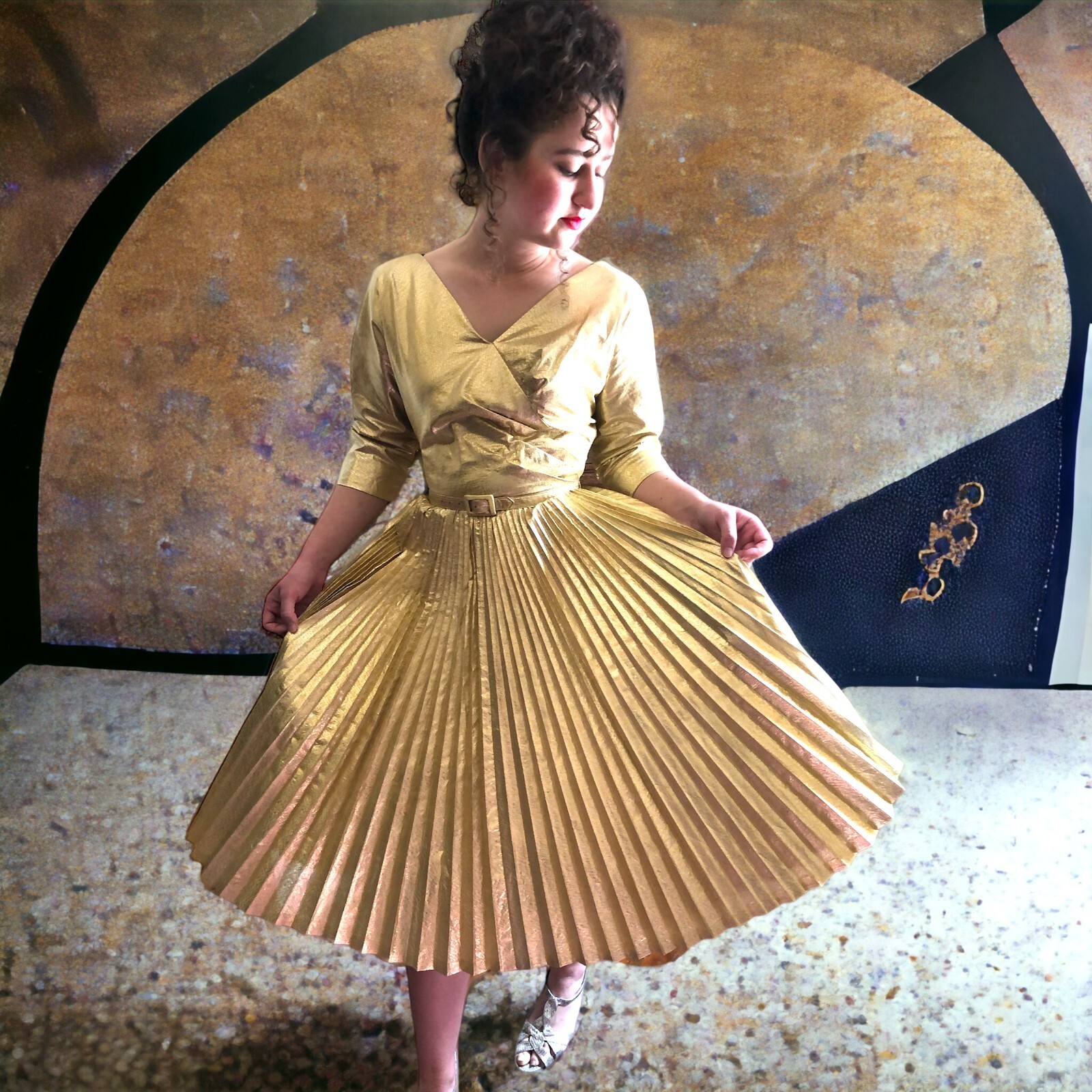 Vintage Dress 1940’s Gold Lame Justin McCarthy Designer Size 6 Sunray Pleats