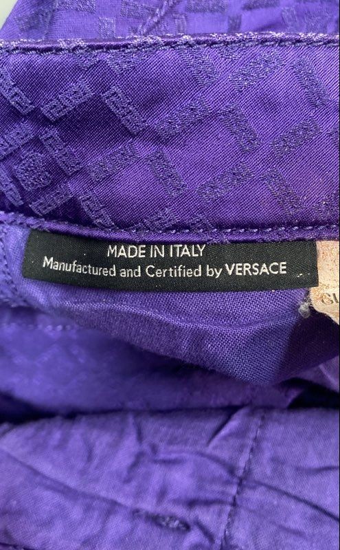 Vintage 90s Versace Women’s Purple Jacquard Logo Low Rise Pants Made in Italy 28