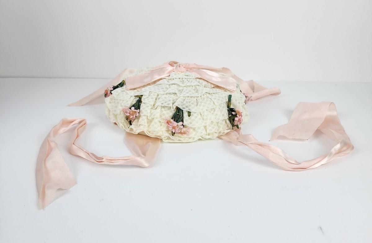 Antique Vintage Pillbox Hat White And Pink Floral With Lace With Ribbon