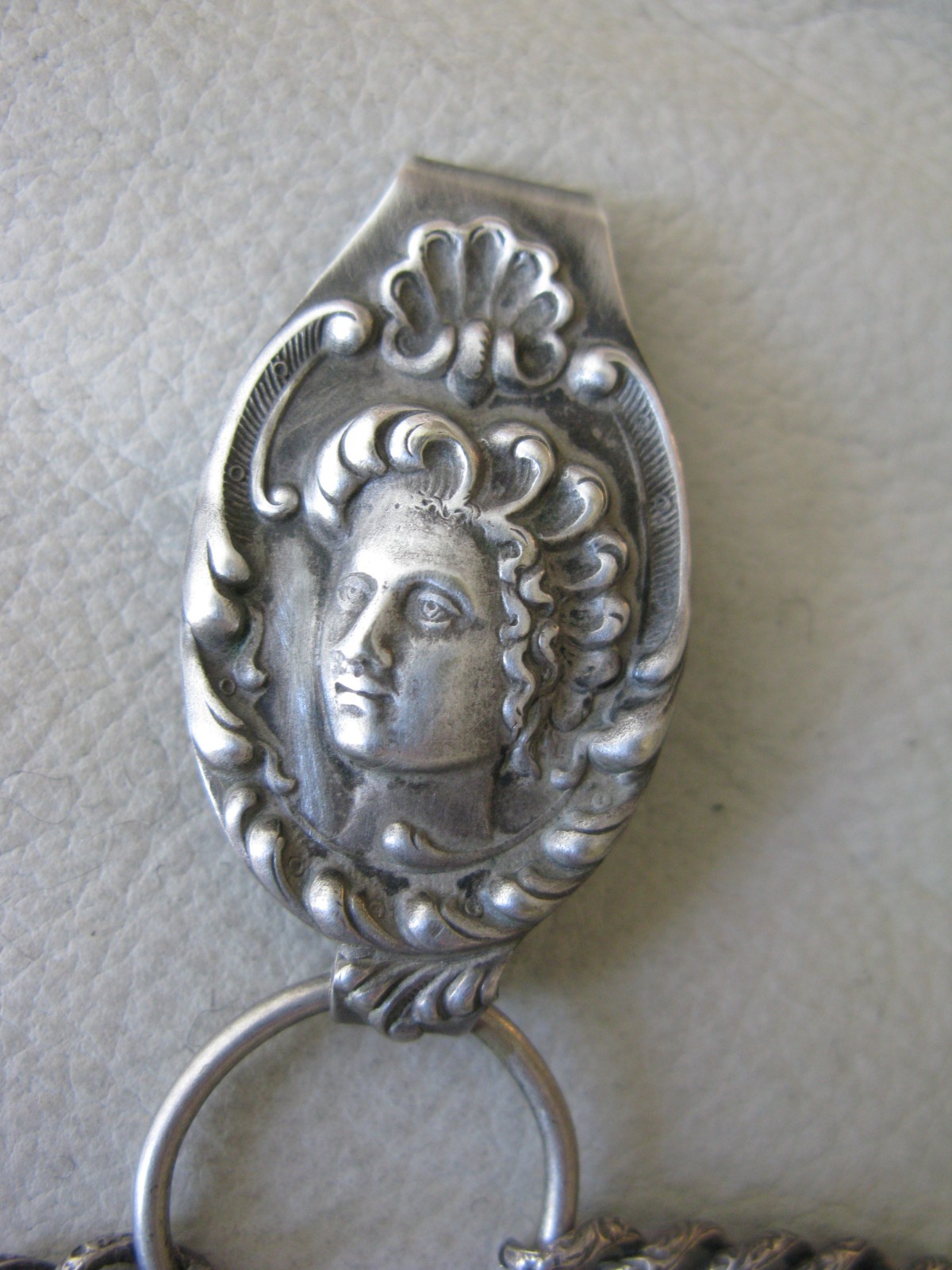 Antique G Silver Art Nouveau Woman Chatelaine Belt Clip Chain Mail Coin Purse
