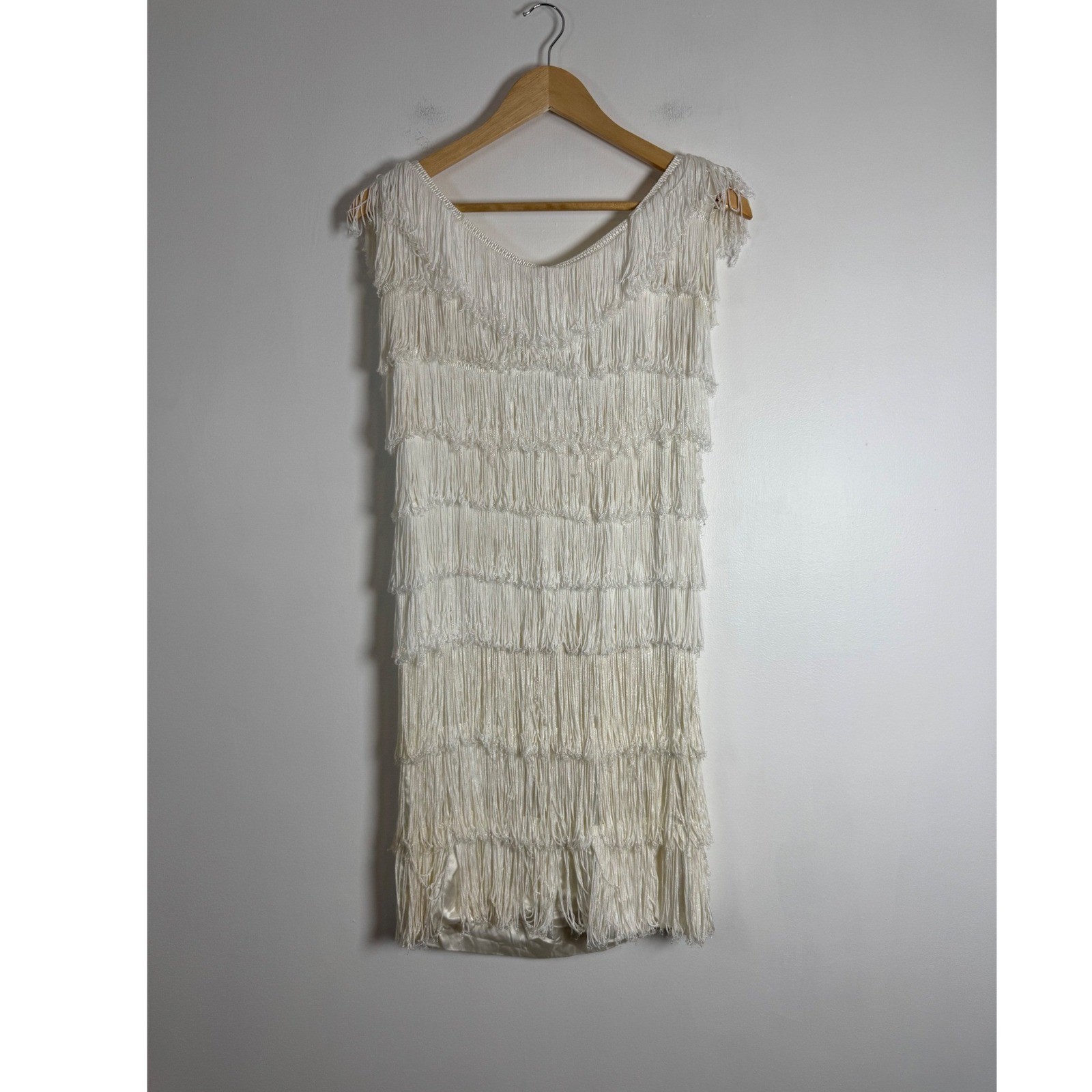 1920s Gatsby Style Homemade Womens S Fringe Flapper Mini Dress Off White Tiered