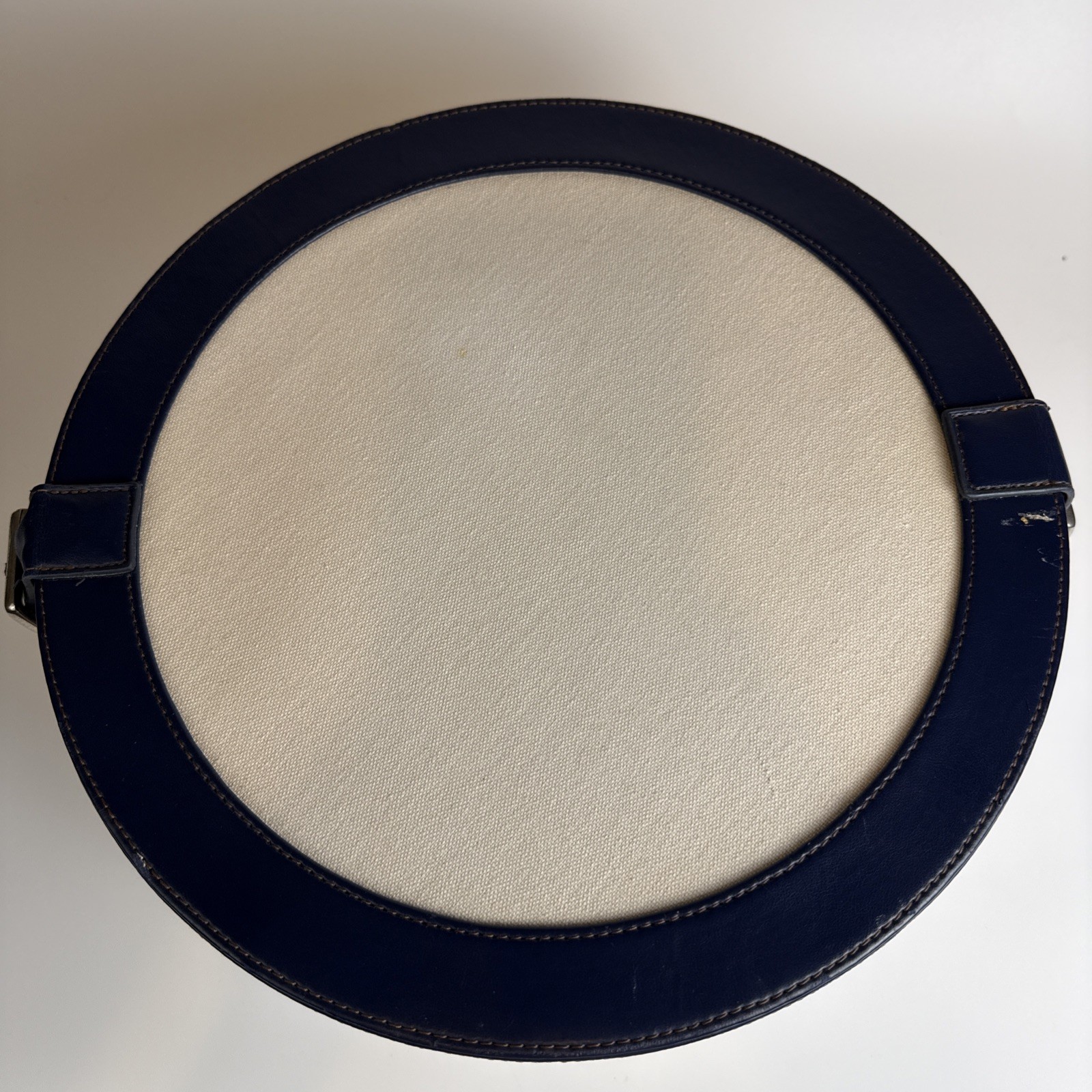Vintage Style Round Hat Box Off White Navy Blue Trim Travel Case Makeup Vanity