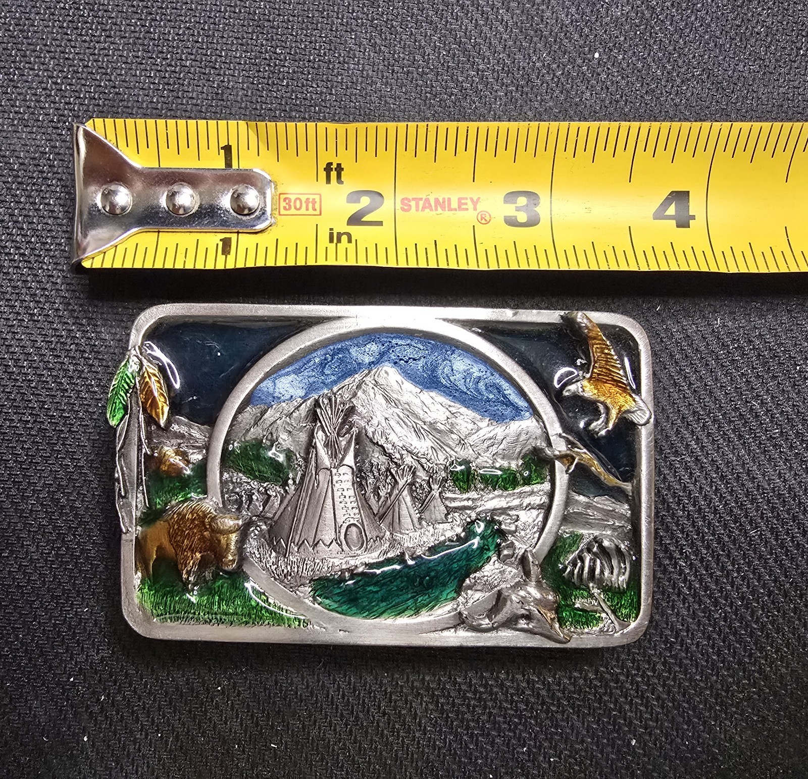 Vintage 1983 Siskiyou Native American Tribute Belt Buckle Enamel Buffalo Eagle