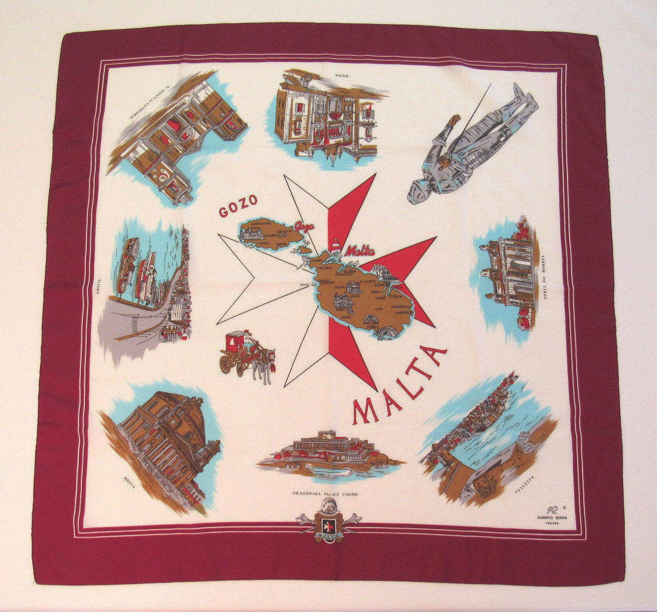 VINTAGE 70s 80s ALBERTO SERRA MALTA COMMEMORATIVE SCARF POLY 30″ by 30 1/2″