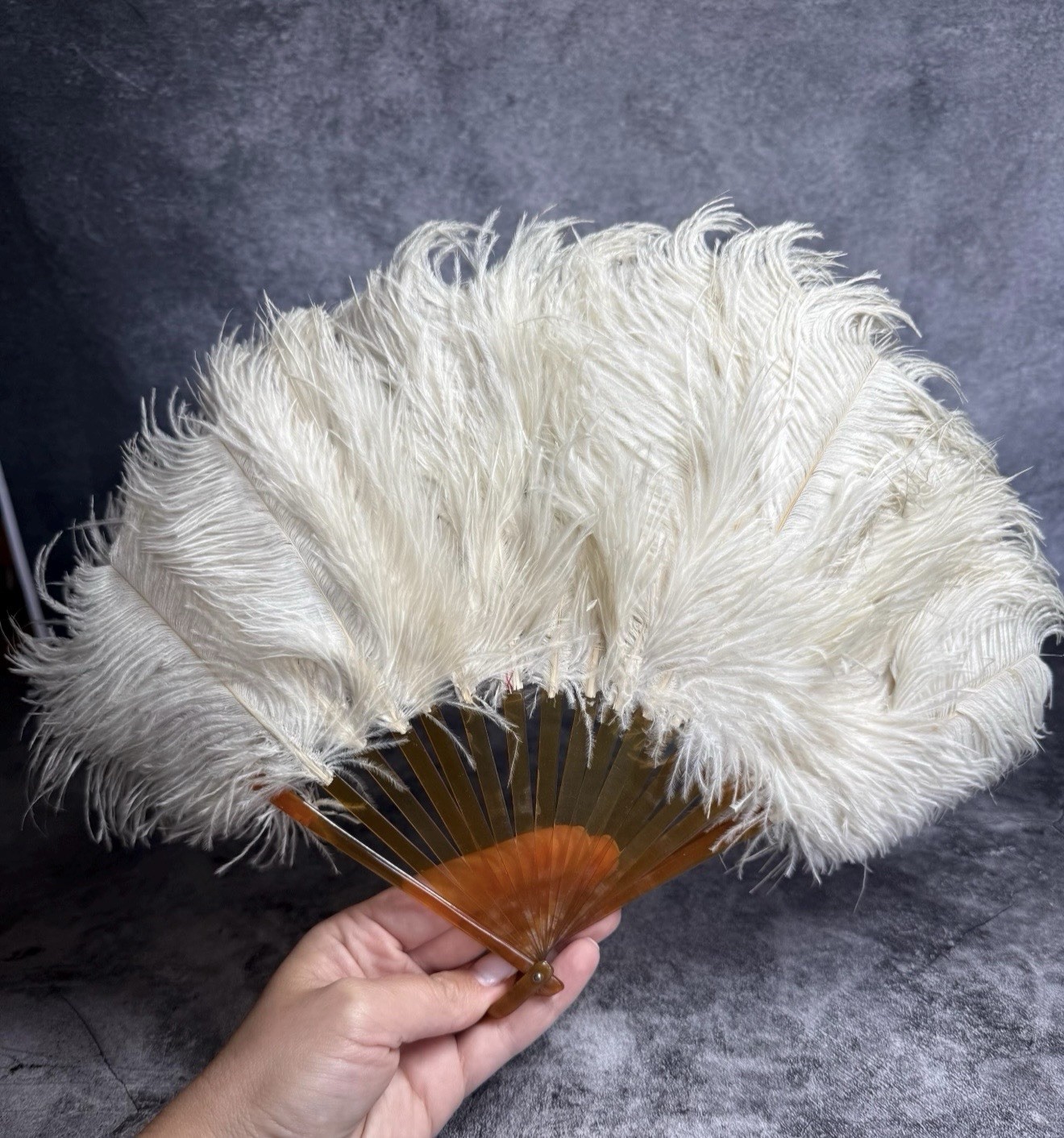 Vintage Ostrich Feather Fan Burnt Orange Faux Tortoiseshell Art Deco Flapper