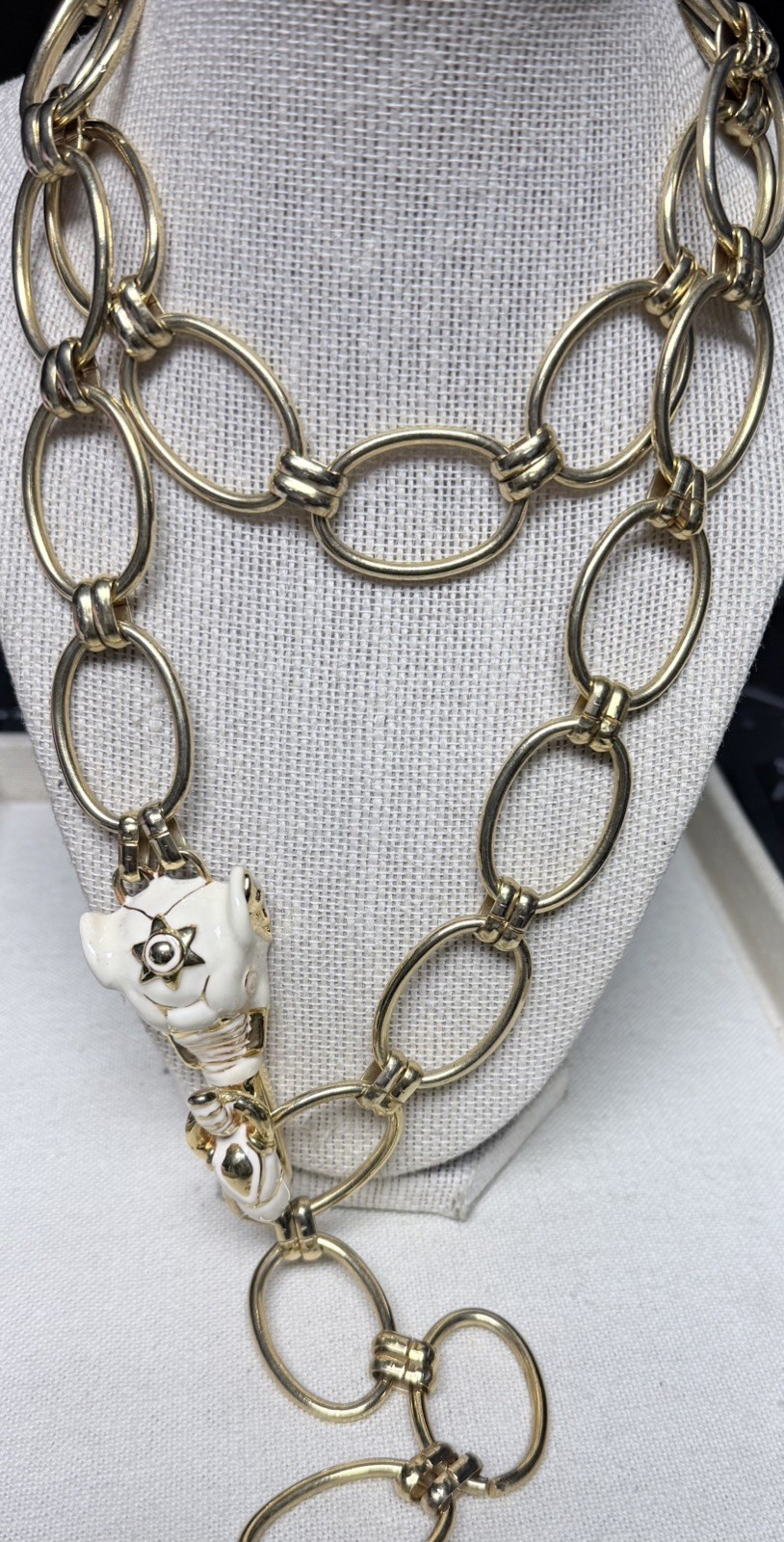 Signed Kenneth Jay Lane White Enamel Elephant Gold Tone Multi Wear Necklace/Belt