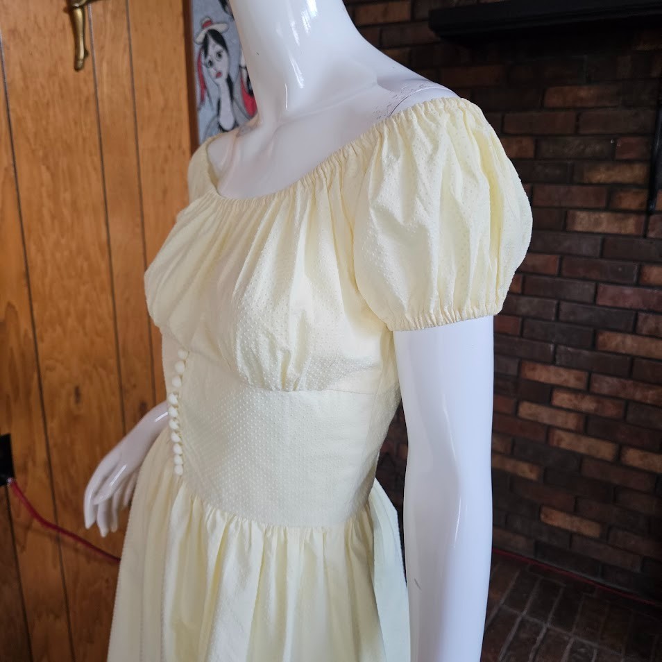 Vtg 1950s Milkmaid Lemon Swiss Dot Circle Skirt Off Shoulder Party Dress XS/S P