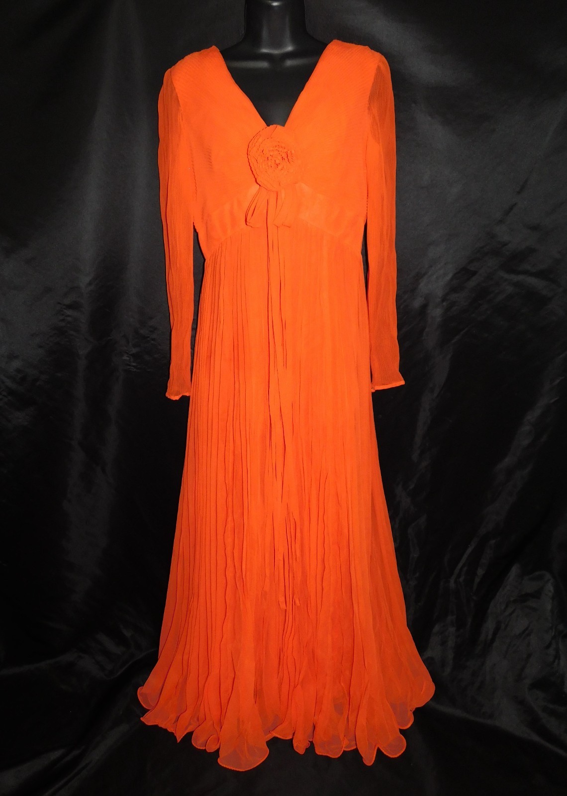 Vintage 60s Miss Elliette S Orange Pleated Maxi Dress Empire Rosette Sheer Sleev