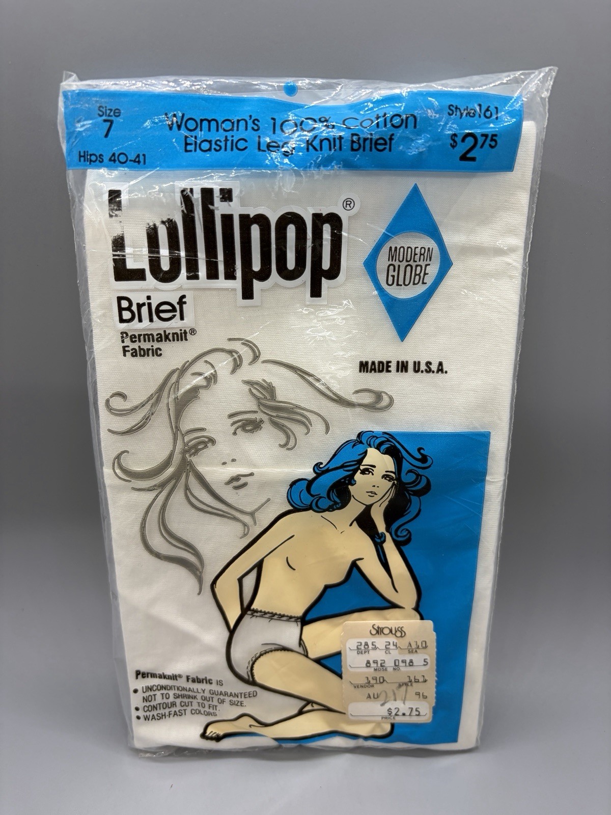 NOS VTG 1960’s Lollipop SZ 7 Brief Elastic Leg Cotton White Fabric Hips 40-41