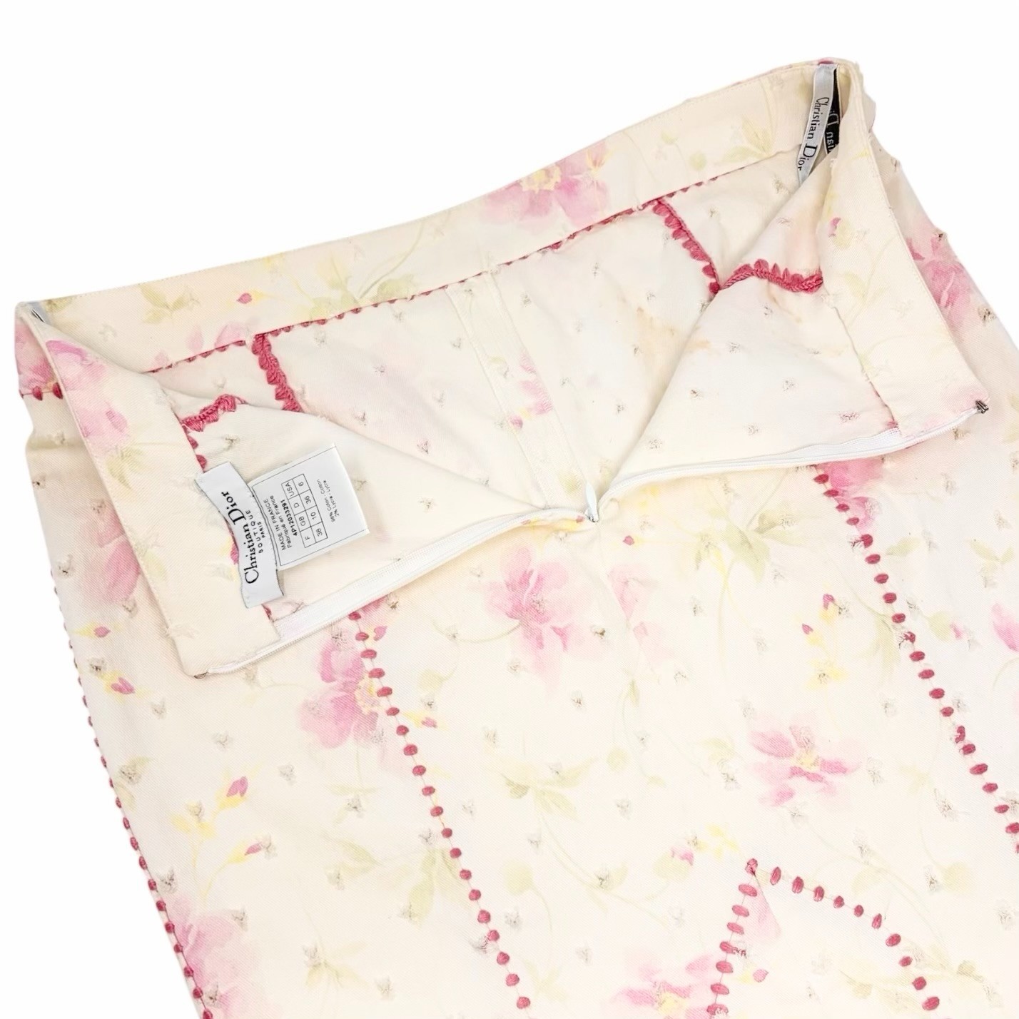 Christian Dior Vintage Flower Perforated Denim Skirt #38 Pink White 902081