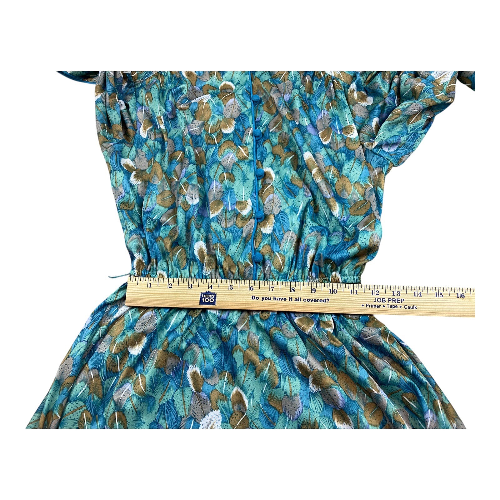 Vintage 1970s Long Sleeve Feathers Dress High Neck Cinched Waist Full Skirt Boho