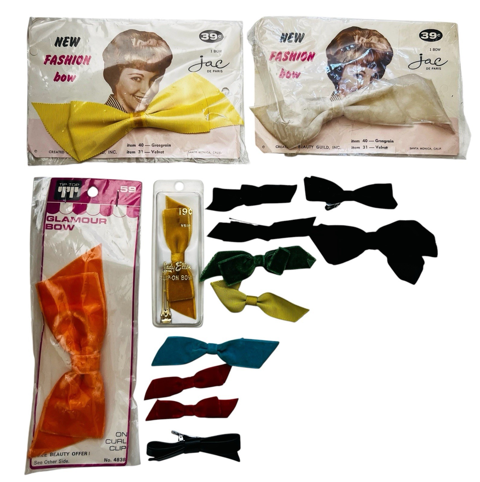 Vintage NOS JAC De Paris Fashion Black Velvet Hair Bow Clip Tip Top Lot of 14