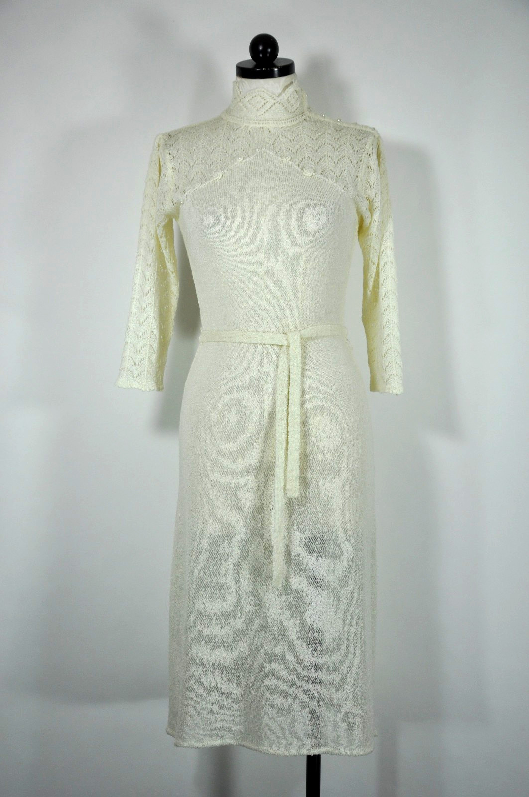 70s Vintage Cream Off White Pointelle Knit High Neck Pearl Sweater Dress Women M