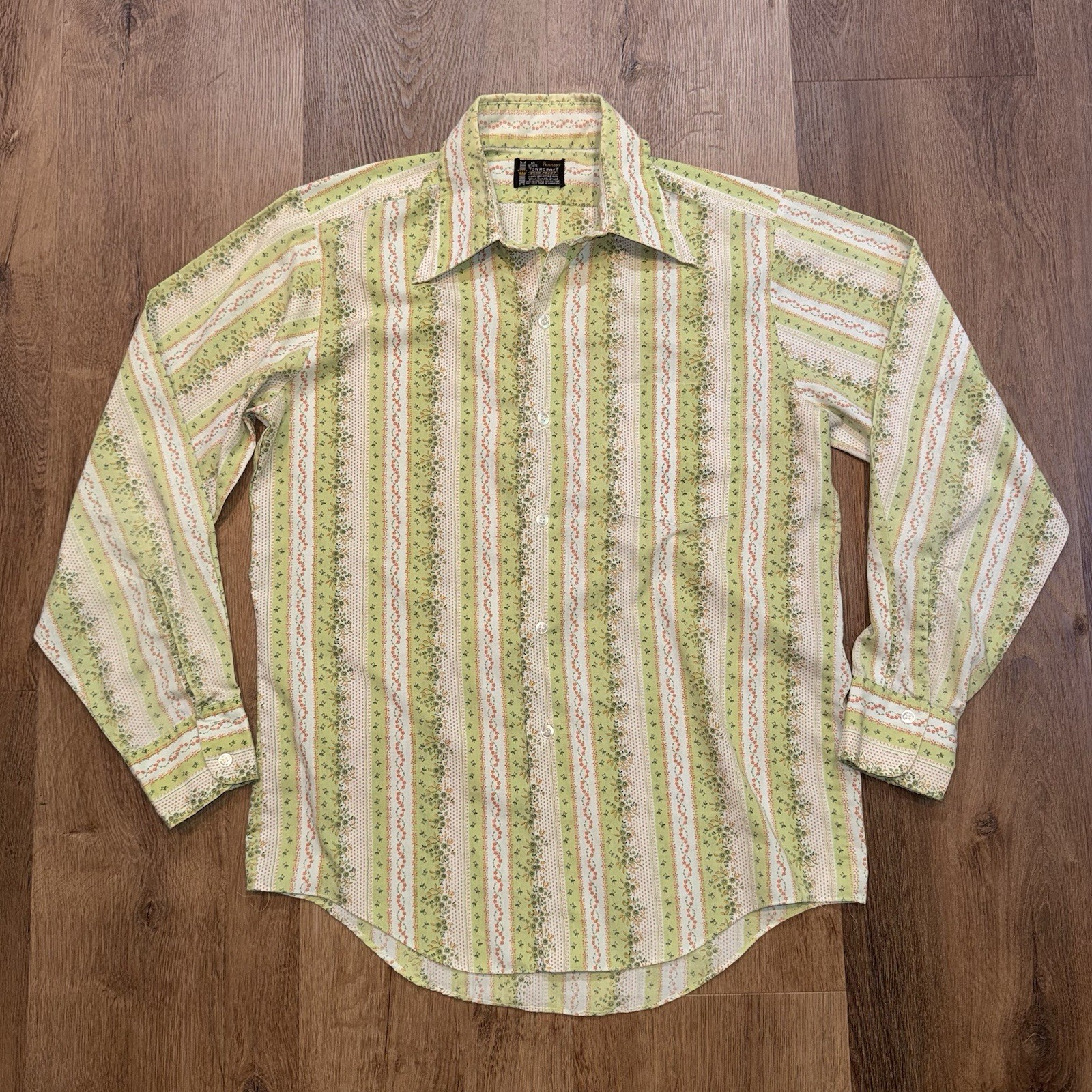 1960s Towncraft Penneys Shirt Vtg Hippie Disco MCM Mod Green Floral Mens Medium