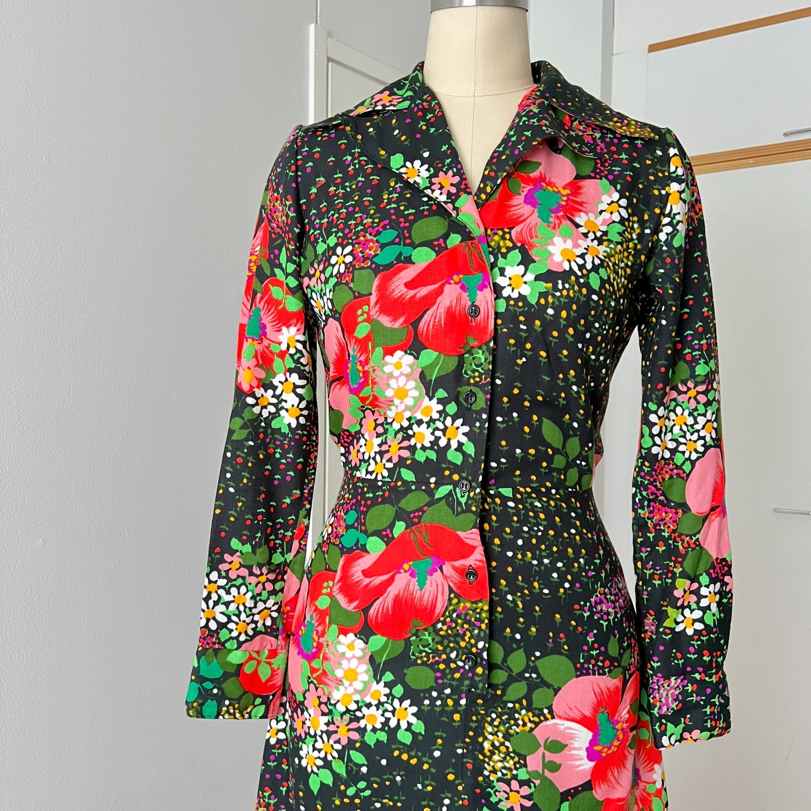 1970s Vintage Button Front Floral Maxi Dress Psychedelic Mod Long Sleeves Boho