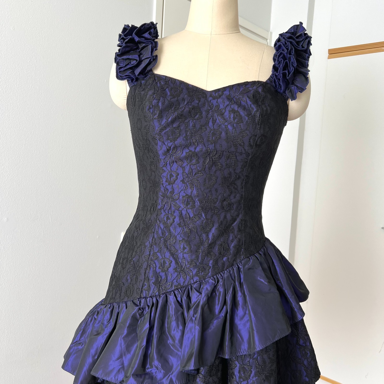1980s Taffeta Cocktail Party Dress Asymmetrical Hem Cocktail Tiered Evening Gown