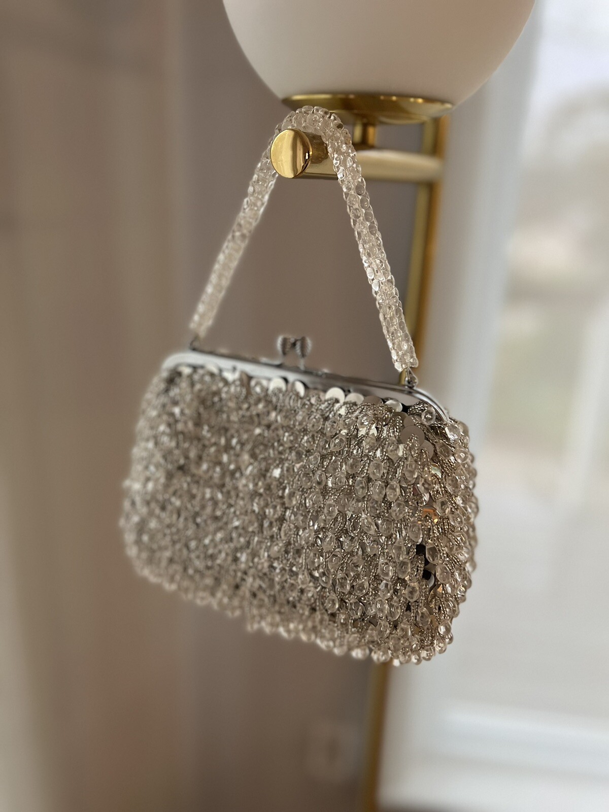 Vtg Beaded HandBag Silver & Clear Evening Purse Hong Kong Prom Wedding 60s 70s