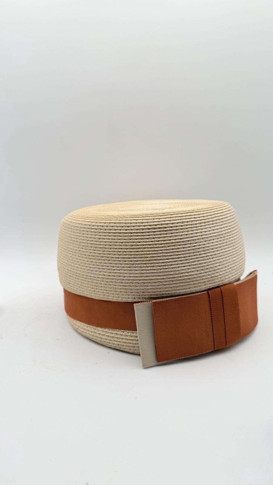 Vintage Cream Straw Pillbox Hat Orange Grosgrain Ribbon Church Easter Hat