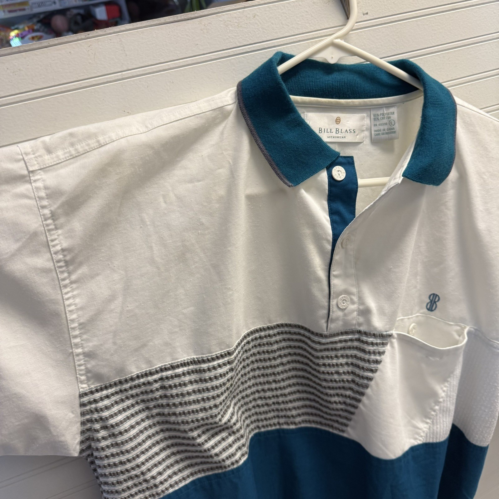 Bill Blass Men Vintage Top Teal Blue Polo Shirt White Upper chest relaxed sleeve