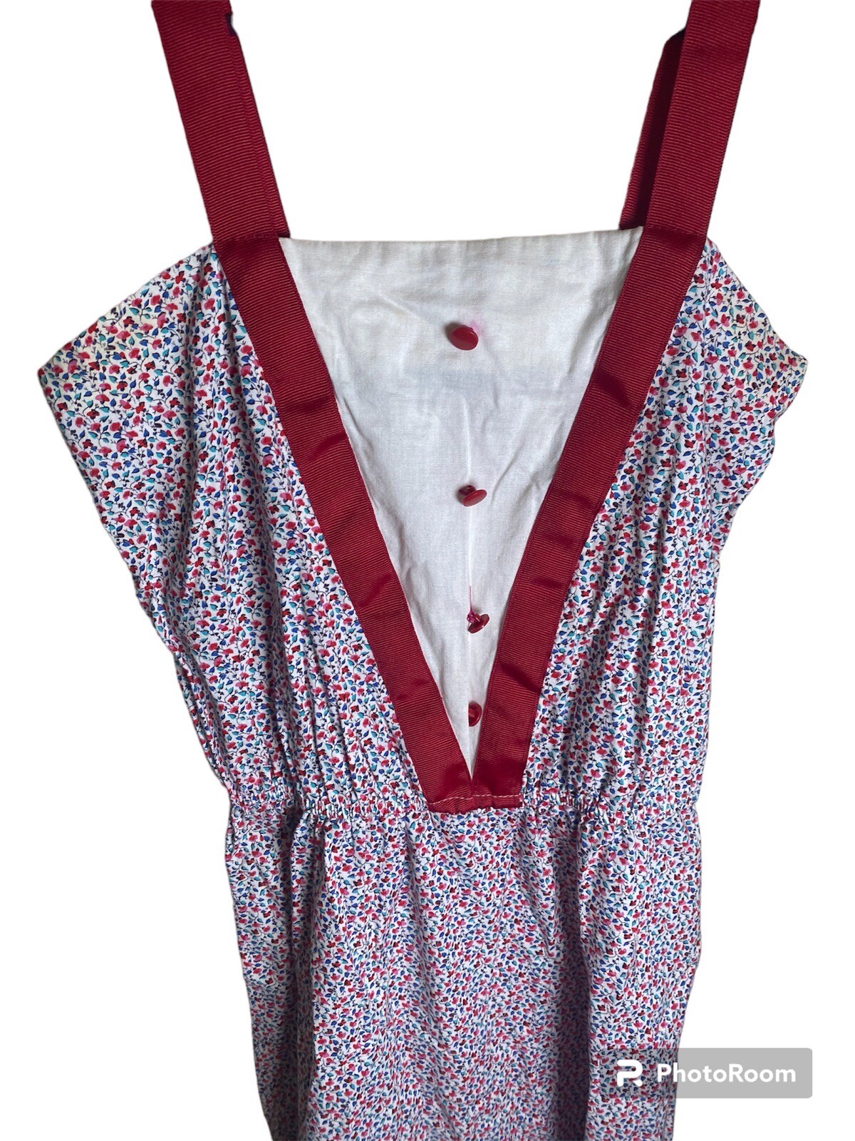 Vintage 70s Red Floral Dress With Elastic Waist And Ribbon Straps