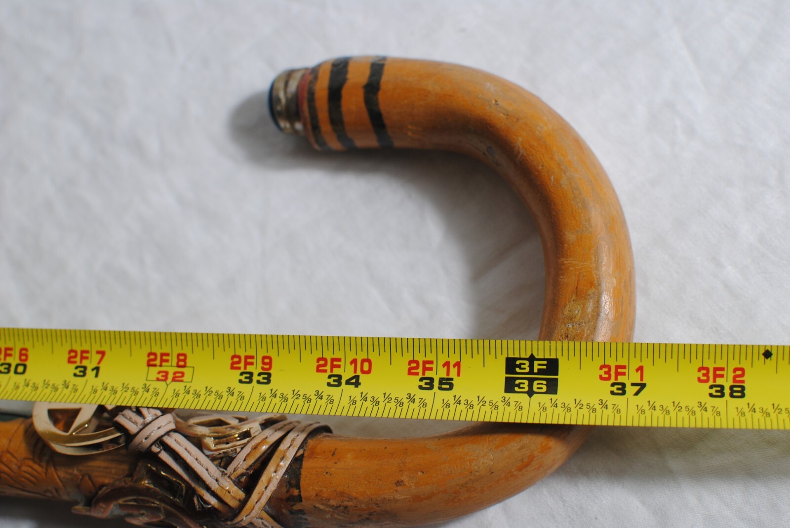 Vintage 37 in Hand Carved Wood Hook Handle Colorful with Michael Kors Charm Cane