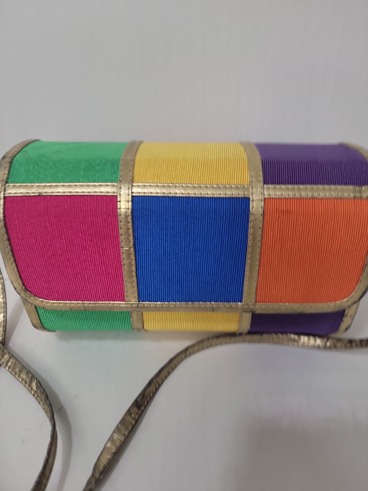 Vintage Color Block Wood Panel Crossbody Clutch Purse Rainbow Gold Trim Unbrande