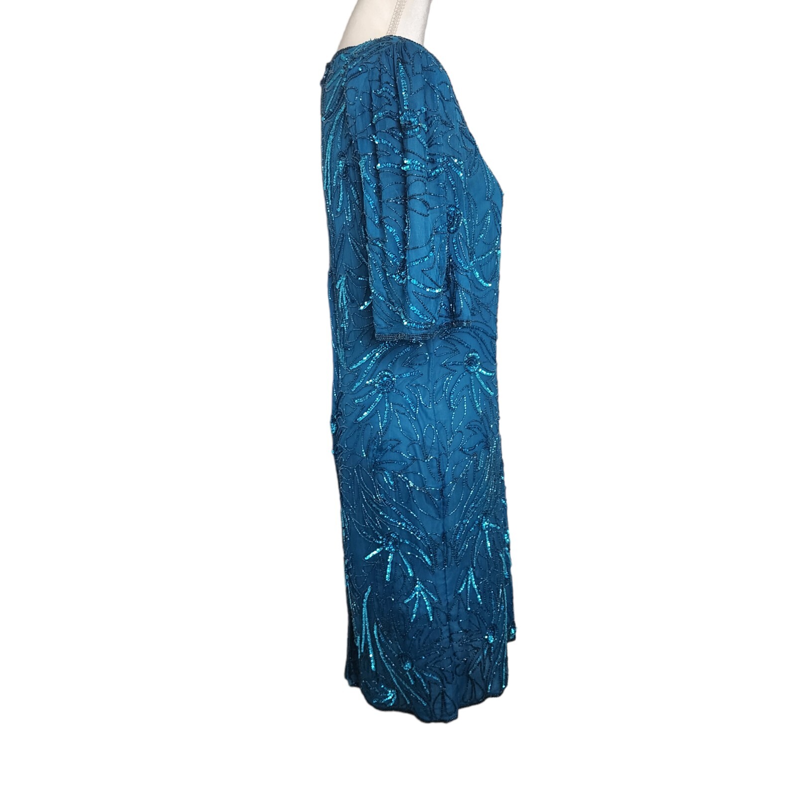Vintage Beaded Open Back Gown Short Sleeve Full Length Turquoise Dress Large