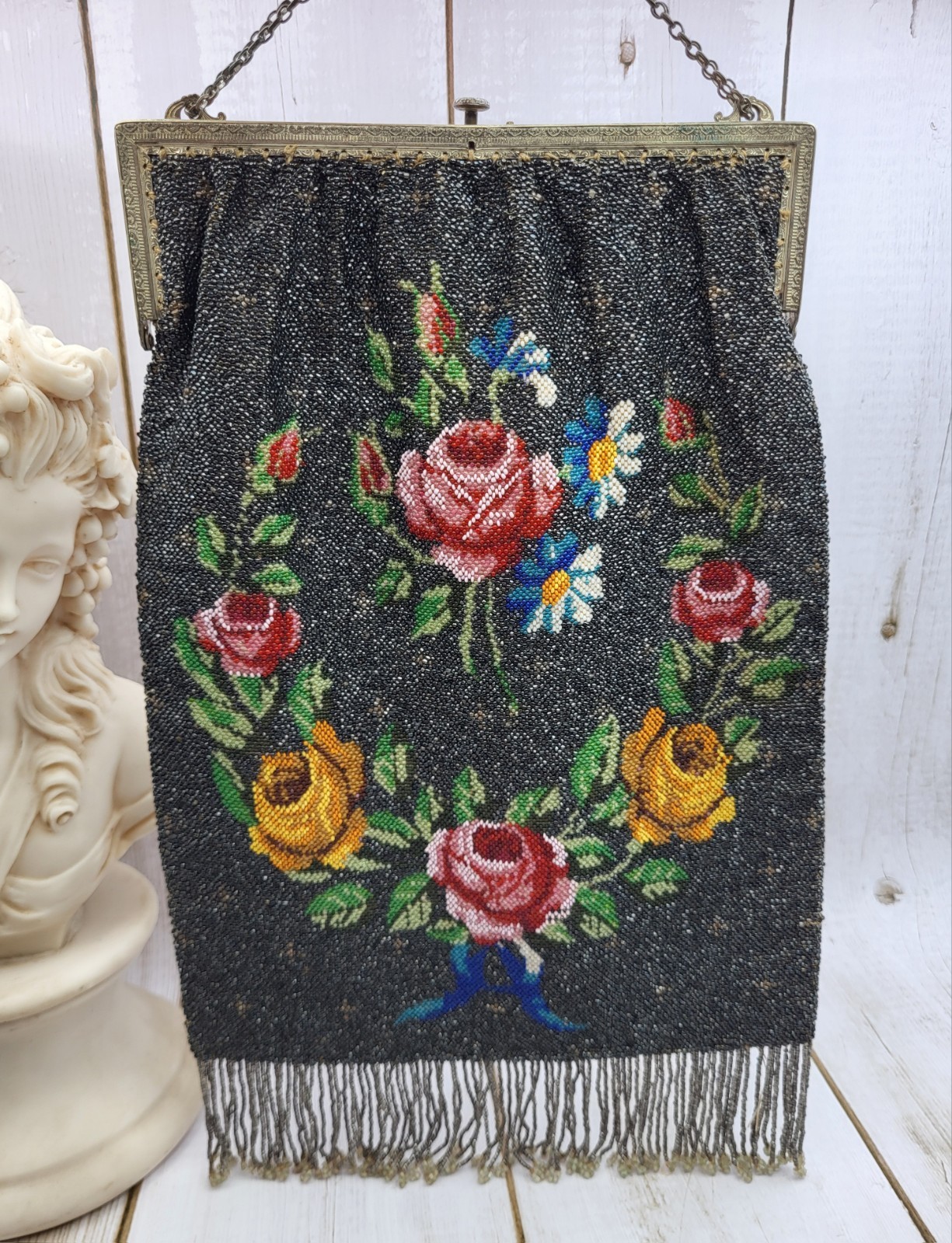 Large 13″ Antique Art Nouveau Floral Beaded Purse Handbag