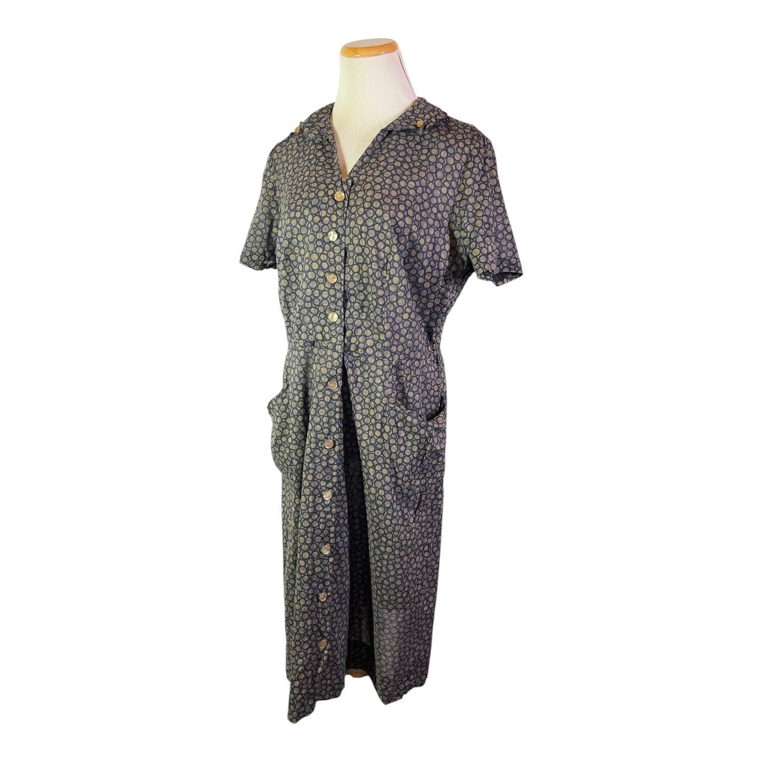 Vintage early 70s? Shirtdress Homemade Blue Circles Print Pockets
