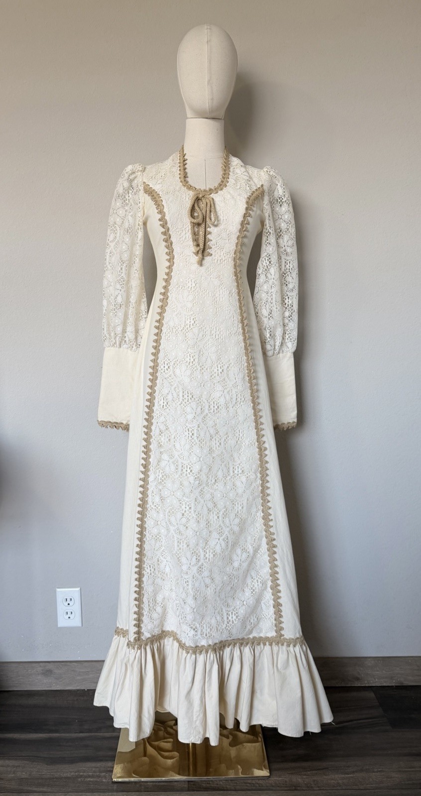 Vintage 1970s Prairie CottageCore Boho Hippy Maxi Dress Cream Sz 5/6