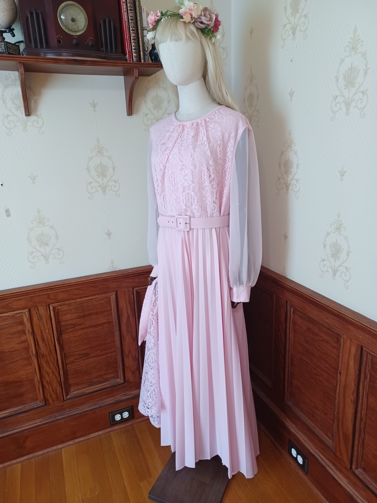 Vintage 1970s 3 Piece Pink Romantic Prairie Accordion Pleat Maxi-Dress, Sz 22.5