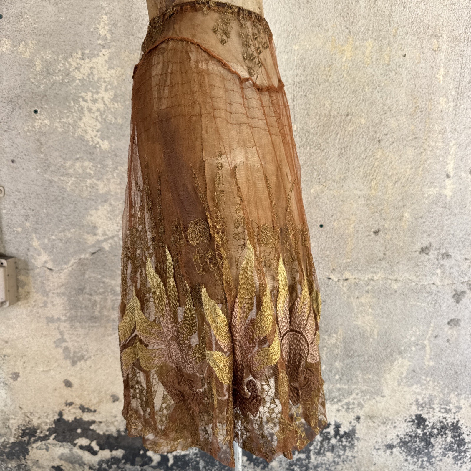 Antique 1920s Copper Net Skirt Silk & Metallic Embroidery Dress Vintage