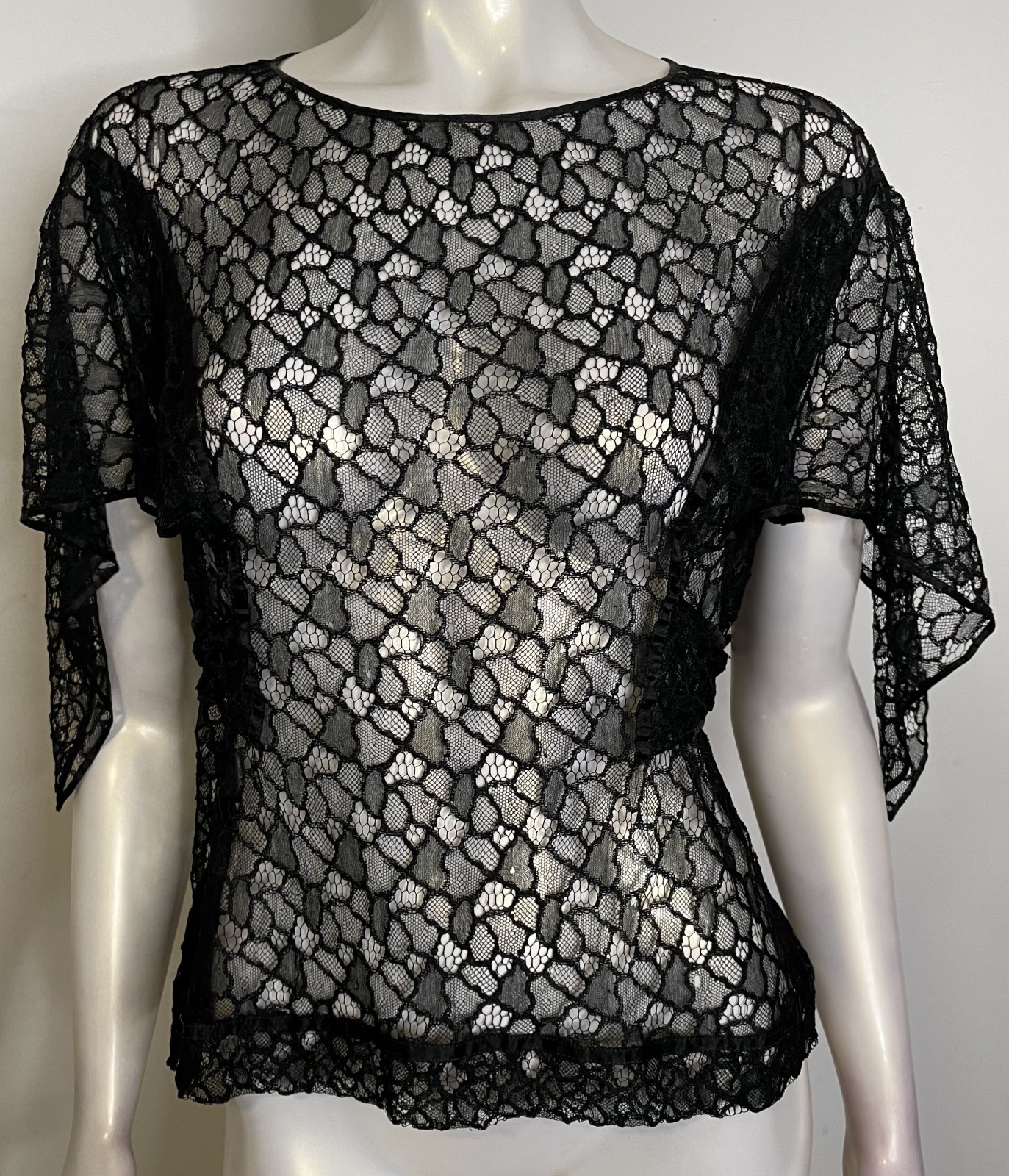 Antique 20s 30s Black Lace Top S M Overlay Flutter Sleeves Tie Evening Art Deco