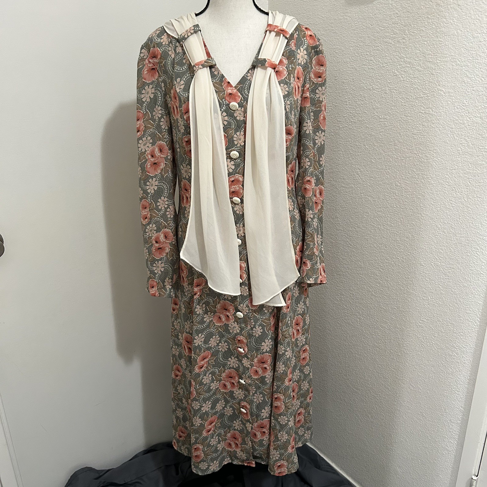 Vintage Leslie Fay Midi Dress Sz6 Floral Cottagecore Secret Garden Chiffon Scarf