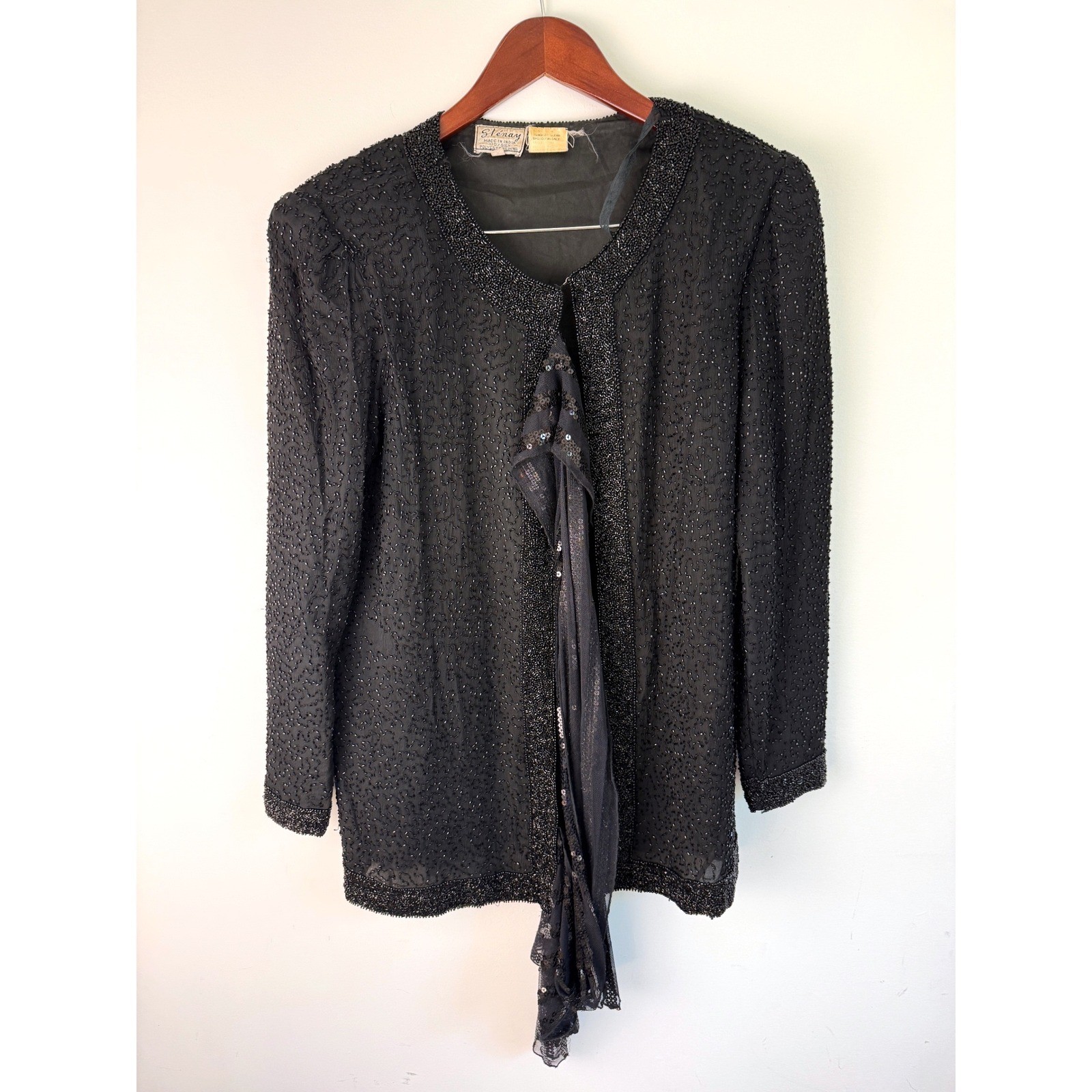 STENAY Vintage Beaded Silk Evening Jacket Black Sequin Formal Tie Front M