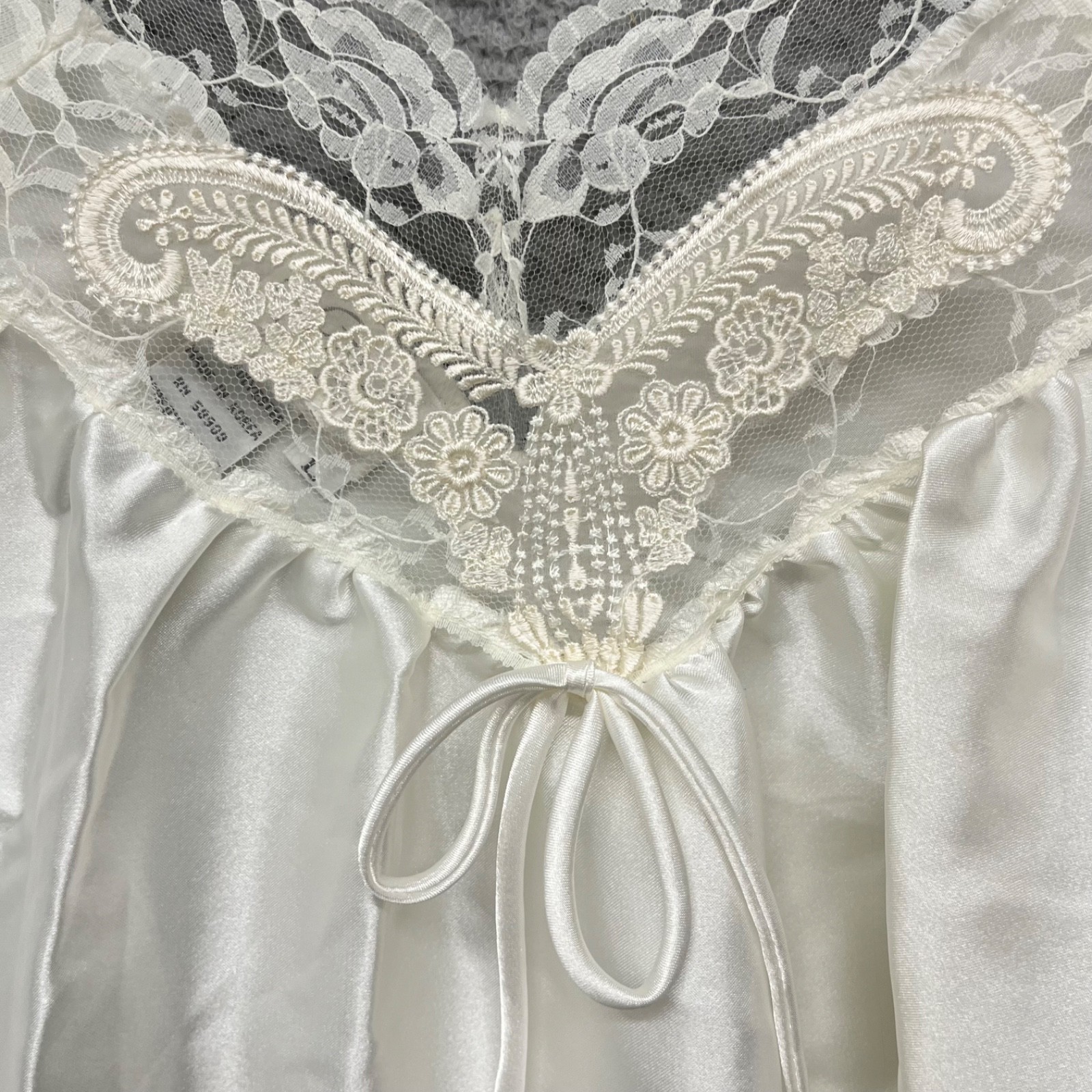 Vtg Go Softly Nightgown Womens L White Lace Satin Floral Bridal Retro Wedding