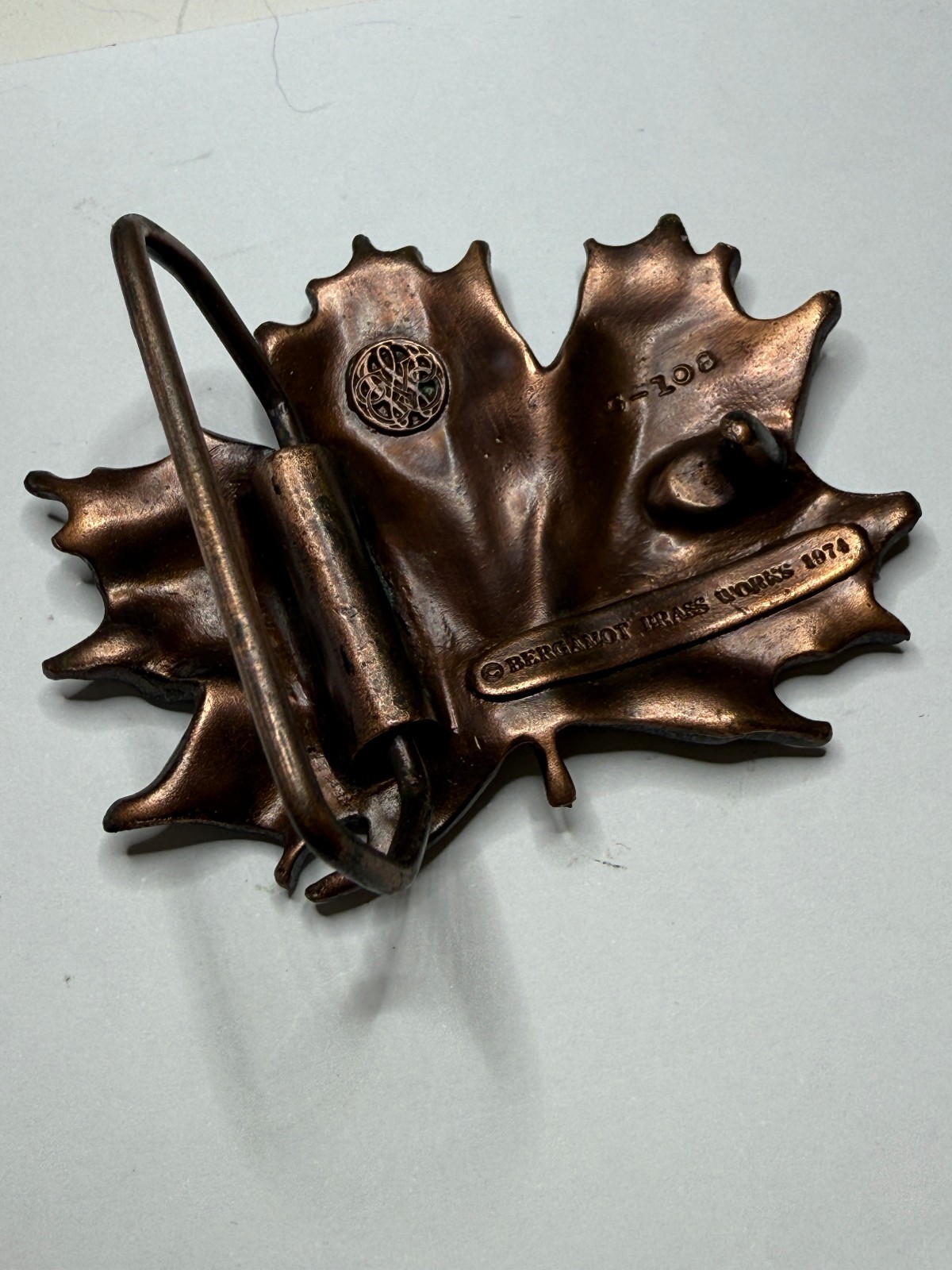 vtg 1974 Bergamot Brass Work Brass Belt Buckle G 108 Maple Leaf NEW