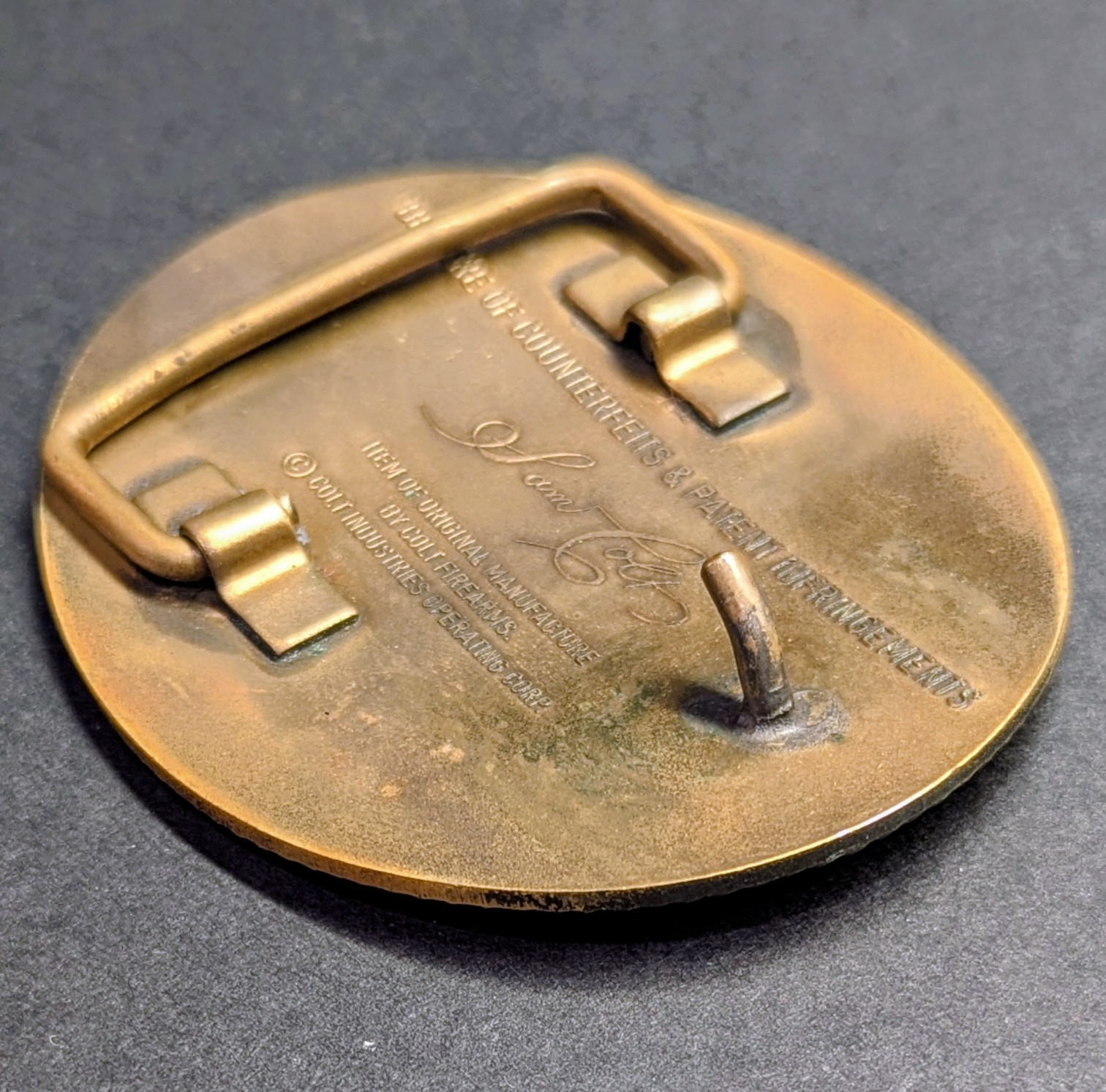 Vintage Official Colt Firearms Brass Belt Buckle Sam Colt 2nd Edition w/ box