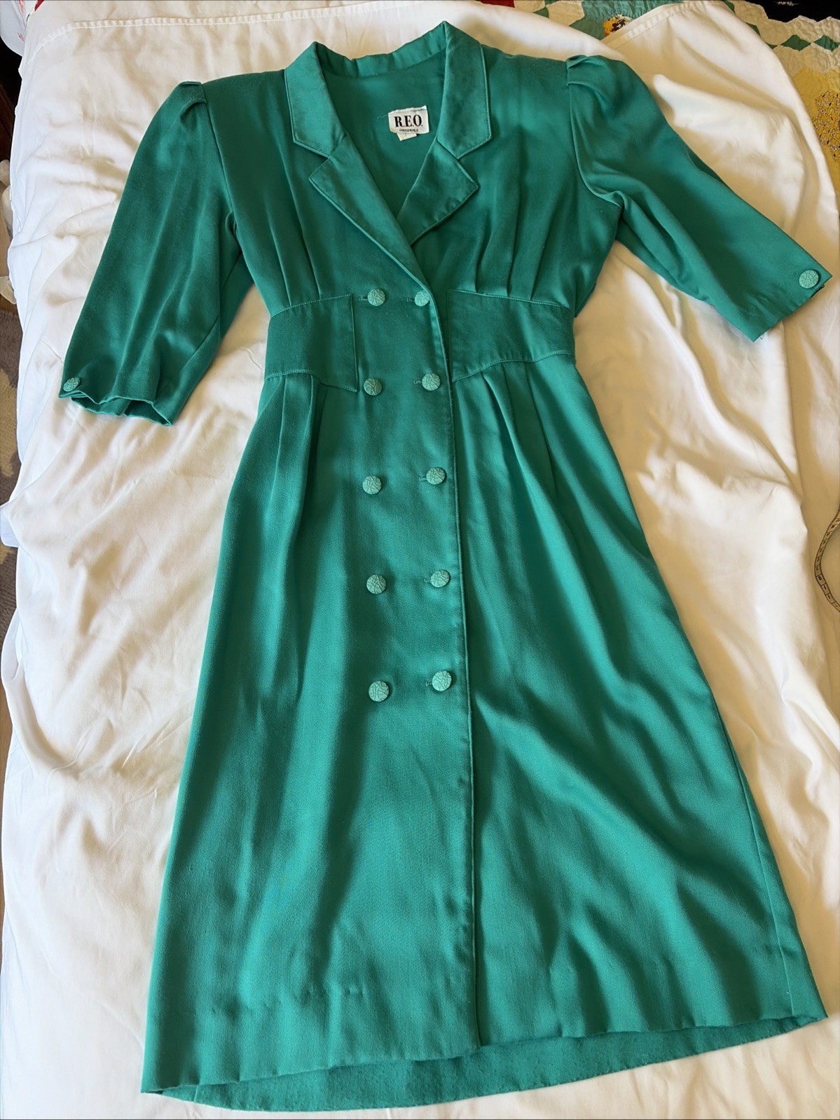 Vintage REO Originals Women’s 80s 40s Revival Dress Teal Button Up Shirtwaist