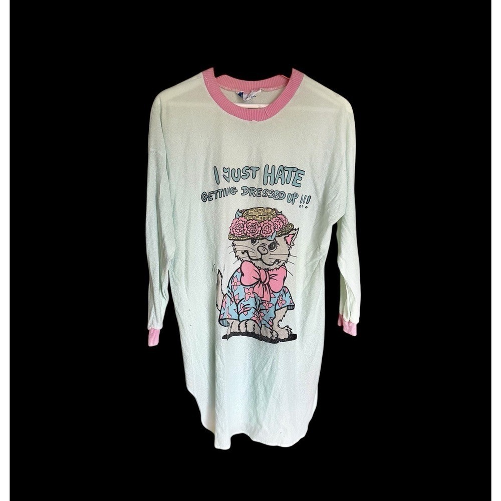Vintage 70s Novelty Cat Nightshirt Humorous Funny Cartoon Sz Med Women’s