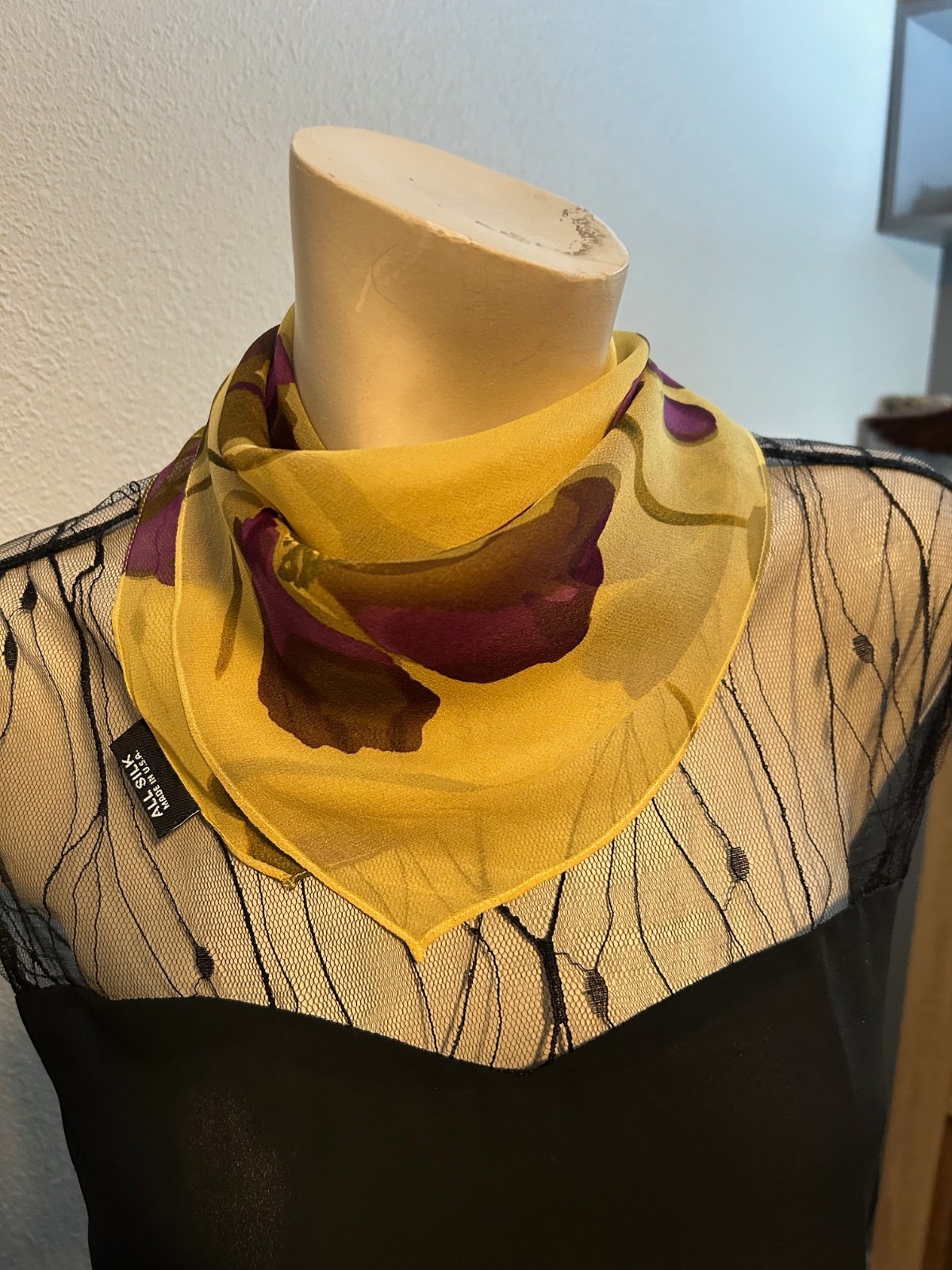 Cejon – Vintage 19.5 x 19 In. Goldenrod, Purple Color Floral Silk Scarf -VS-100