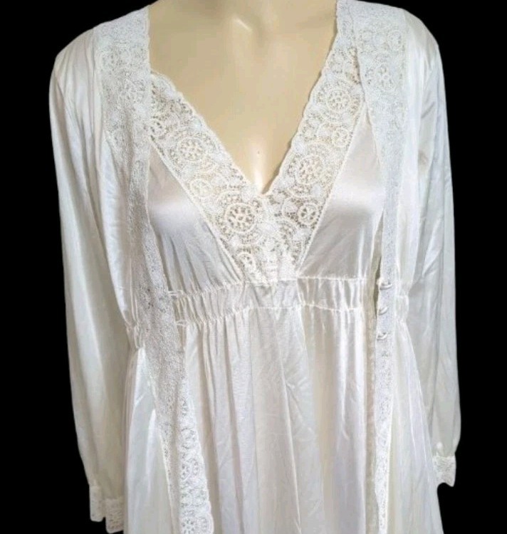Vintage Miss Elaine 2 PC Maxi Nightgown & Robe Set Nylon Cotton Lace Trim Ivory