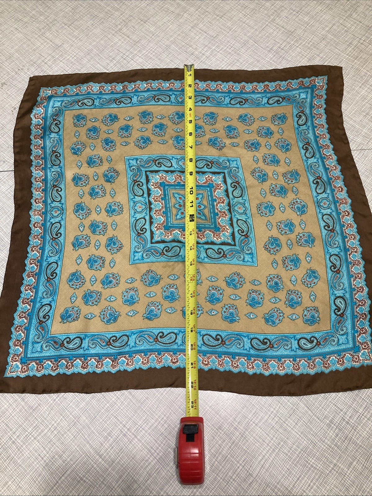 VTG 70s GLENTY Geometric Paisley Silk Scarf Blue Brown Hand Rolled Edge 22.5”