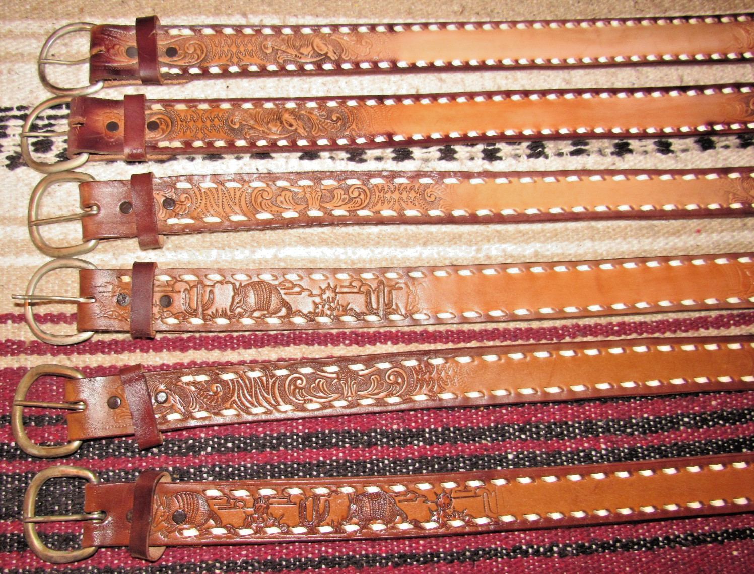 VTG Western C&M Co Buckstitch Tooled (Embossed) Leather Belts 6 pc Size 28 NEW
