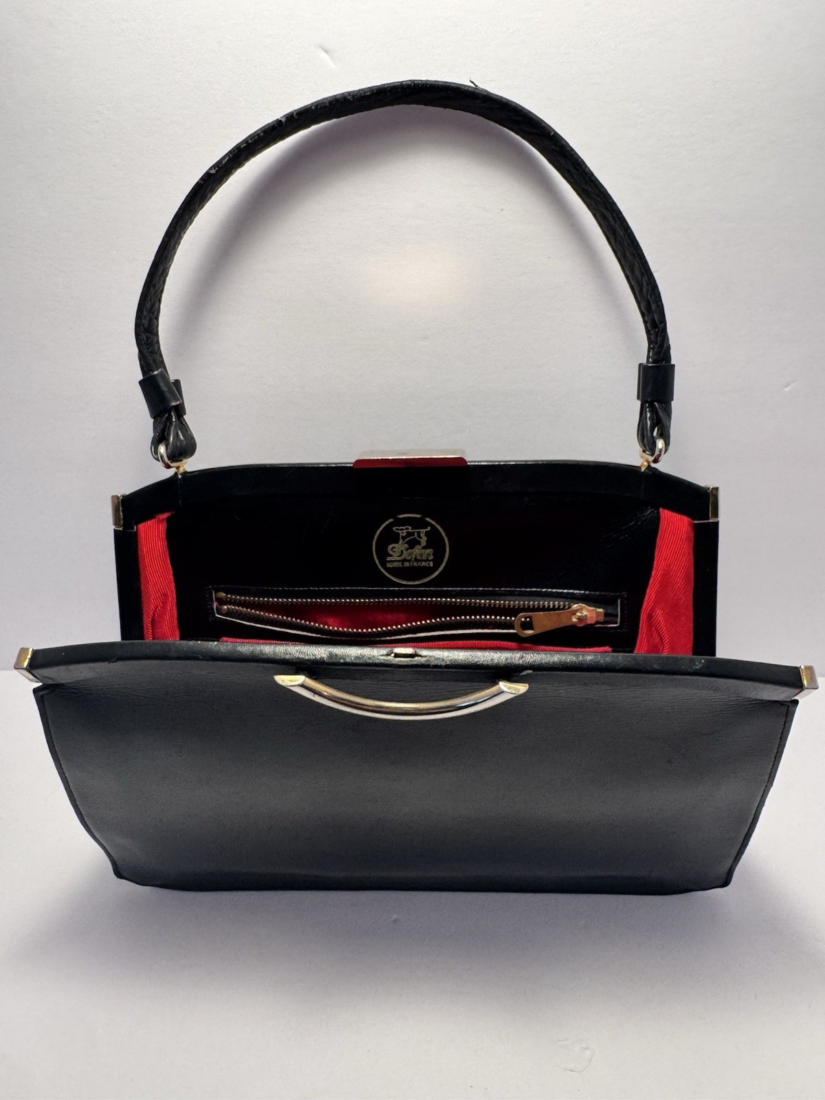 Vintage Dofan Made In France Vintage Purse Black Leather Red Interior 1950-1960