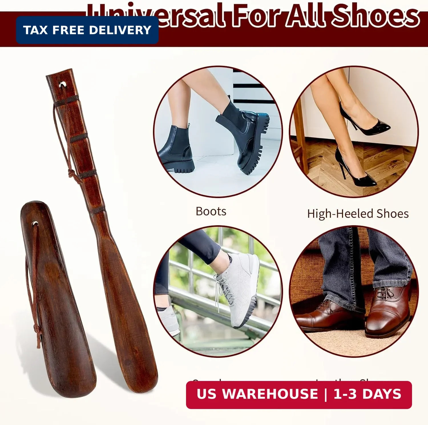 2pcs Wood Shoehorn Long and Short Handle Shoe Horn Shoe Spoon Non Slip Shoe