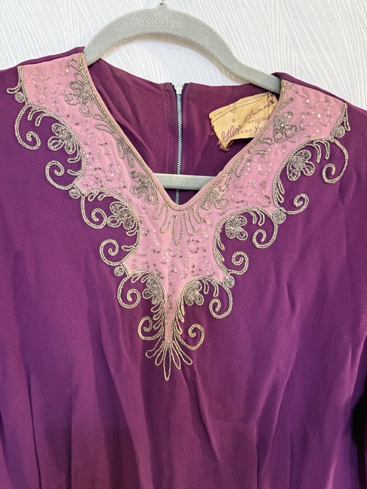 VTG 1960s Gloria Swanson Forever Young Beaded Purple Dress Hollywood Glam