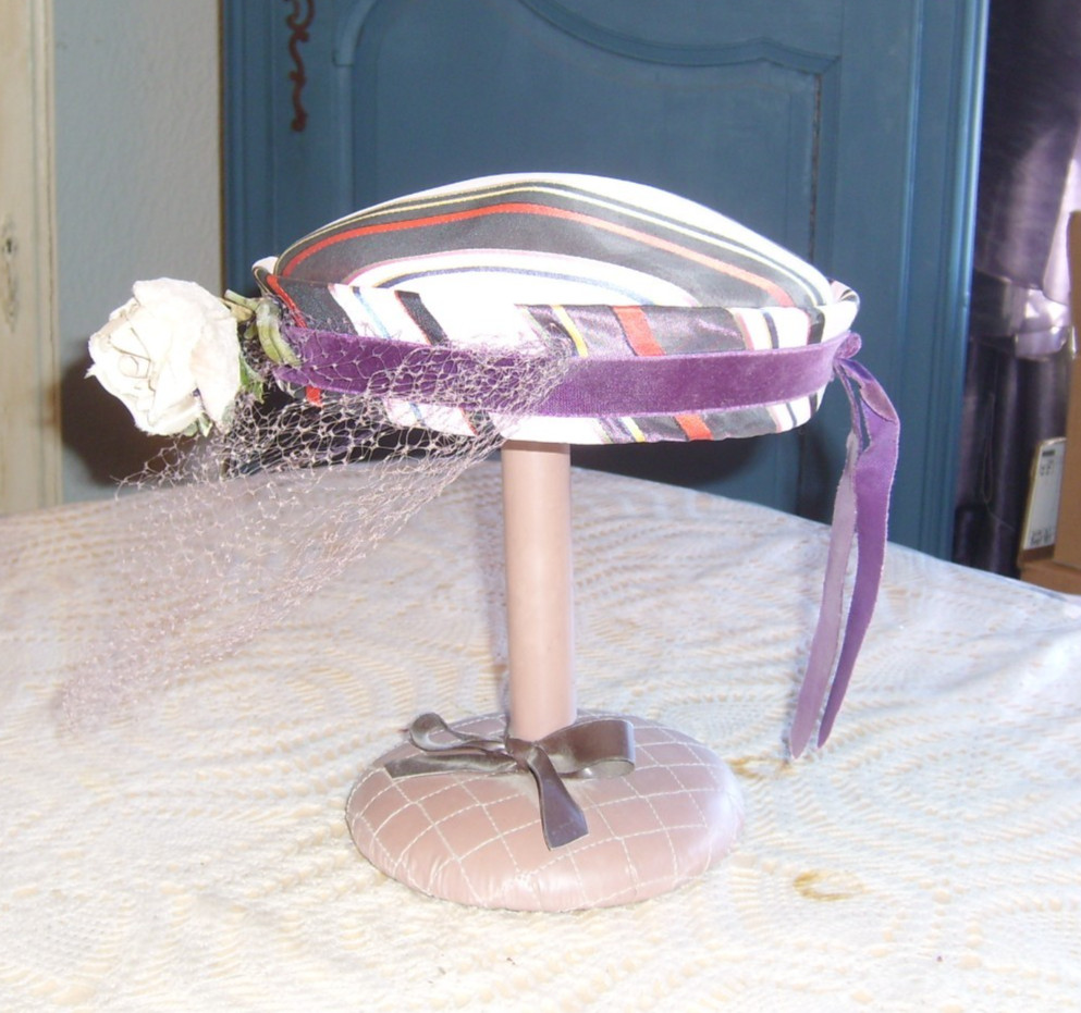 Vintage Pill Box Women’s Hat, Purple, Pink, Red Stripes! Flower and Ribbon Trim